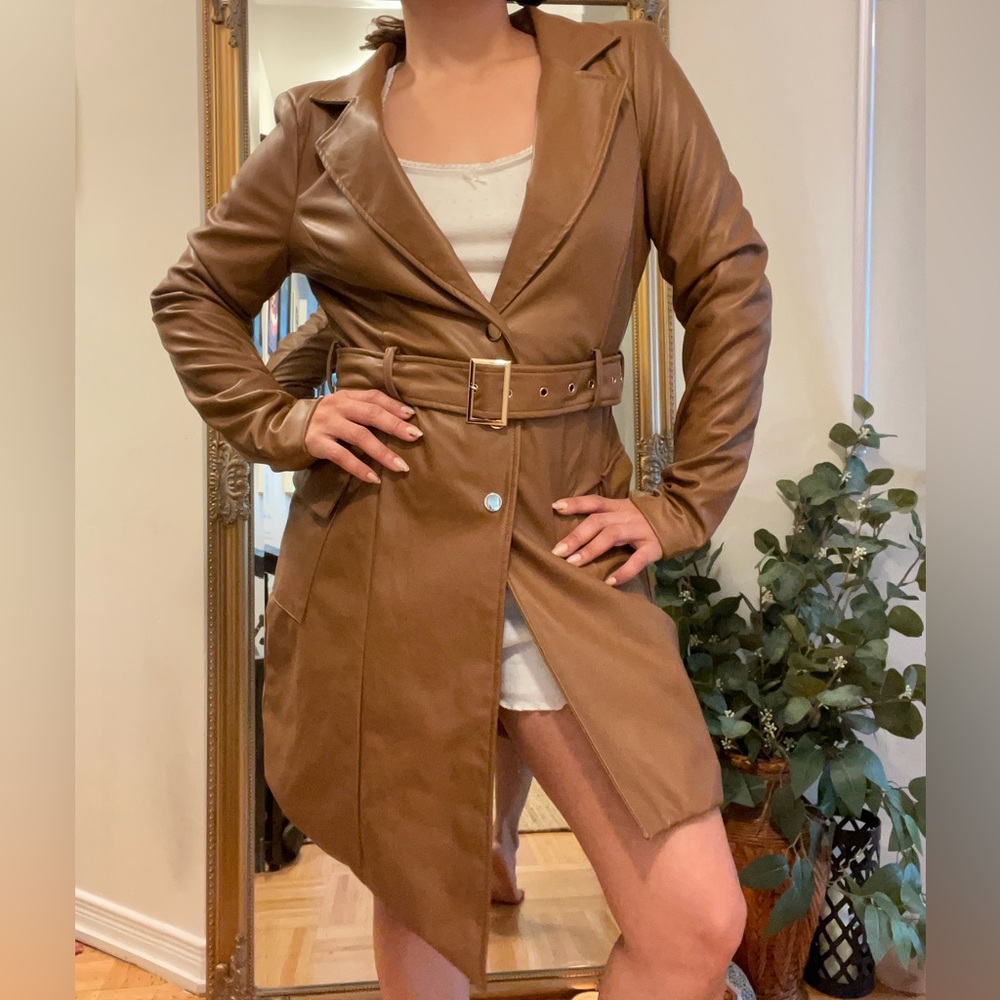 Faux Leather Brown Asymmetrical Trench coat